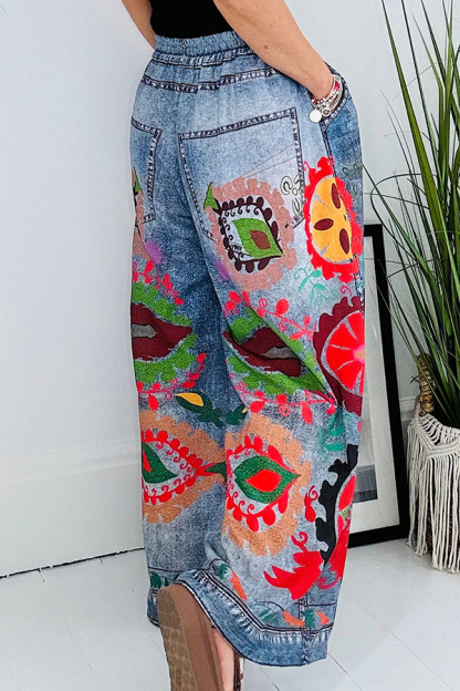 Hippie Style Unique Floral Denim Print Elastic Waist Pocketed Wide Leg Pants-consonak