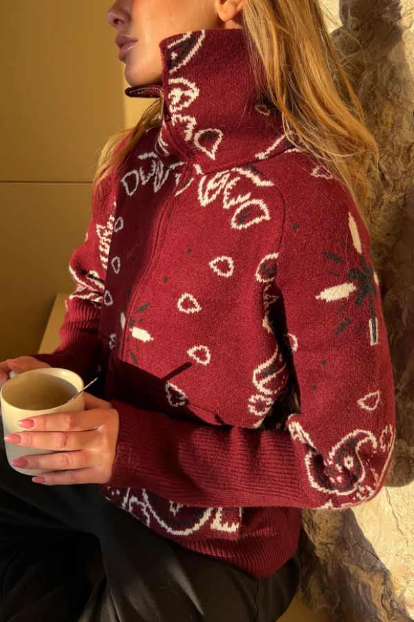 Fashionable Jacquard Turtleneck Long-sleeved Casual Zip-up Pocket Knit Top