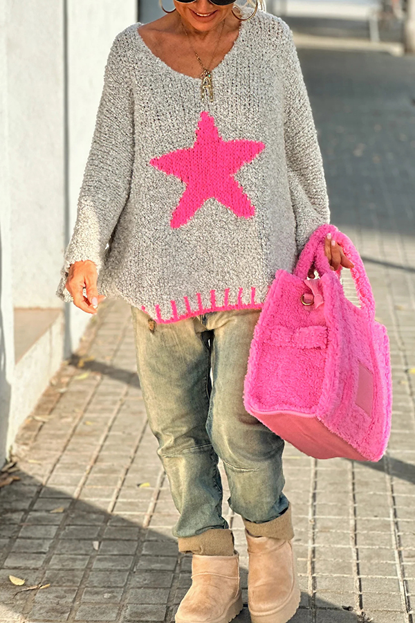 Warm Winter Day Texture Knit Star Pattern Contrast Color Loose Sweater-consonak