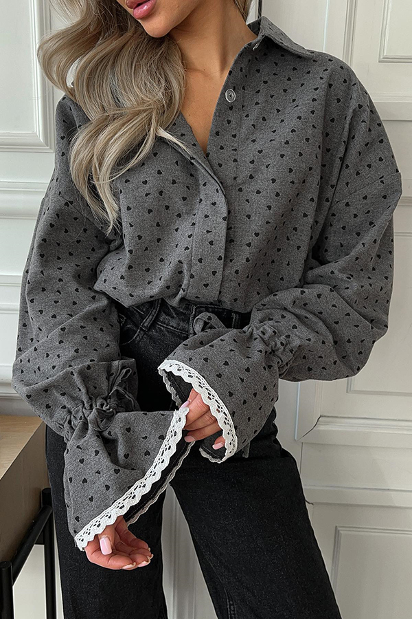 Fashionable Love Polka Dot Lapel Lace Cuffs Casual Shirt-consonak