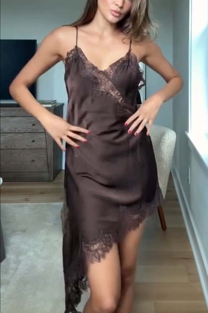 Elouise Satin Lace Trim V-neck Asymmetrical Hem Slip Mini Dress-consonak