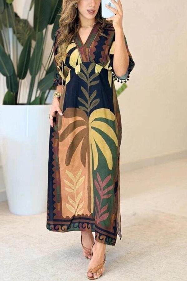 Sundancer Glow Unique Print Tassels Trim Half Sleeve Side Slit Maxi Dress