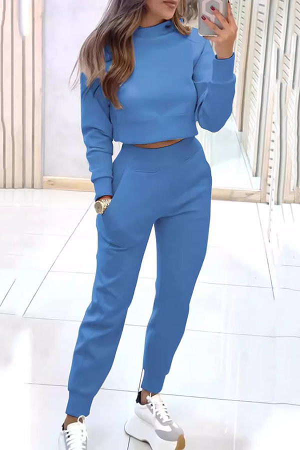 Solid Color Loose Long Sleeve Crop Top and Elastic Waist Pocket Casual Pants Set-consonak