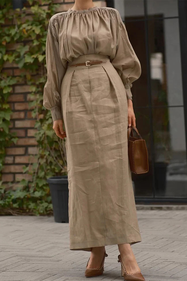 Solid Color Round Neck Long-sleeved Pleated Shirt and Elegant Maxi Skirt Set-consonak