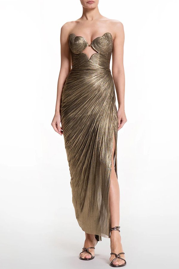Amisha Metallic Pleated Shell Cups Hollow Gold Pendant Strapless Drape Slit Maxi Dress | Consonak