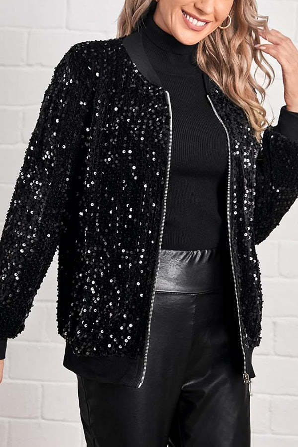 Fashionable Sequined Long-sleeved Zip-up Casual Jacket-consonak