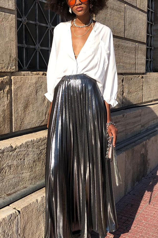 Fashionable Metallic Pleated Back Elastic Waist Maxi Skirt-consonak