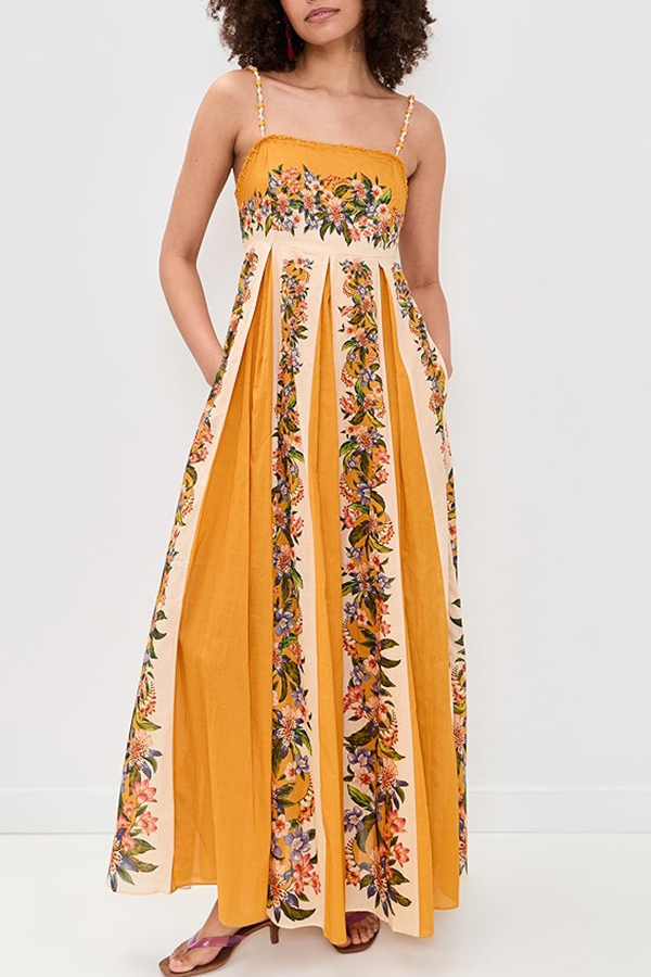 Bloom Bright Linen Blend Floral Print Beaded Shoulder Straps Pocket Maxi Dress-consonak