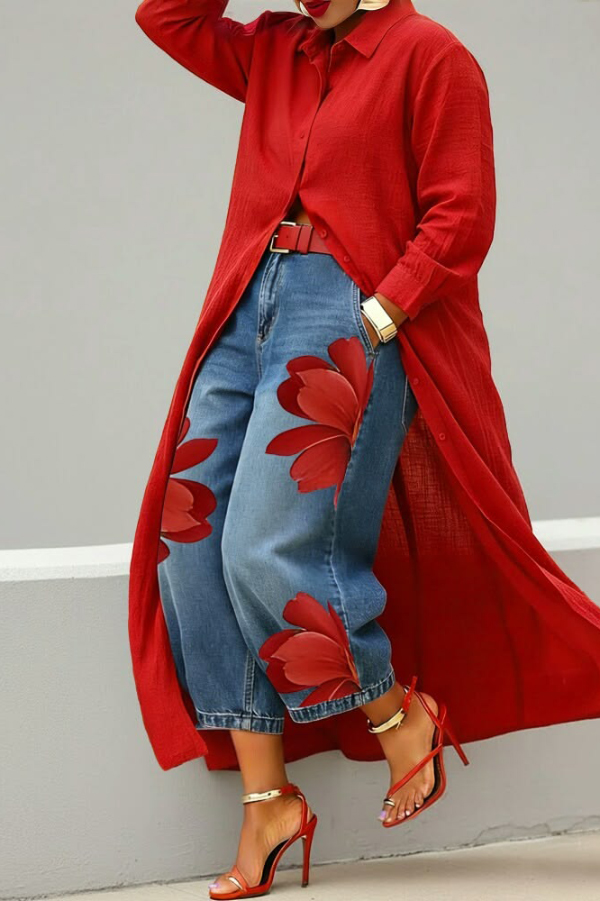 Fashionable Floral Print Loose-fitting Casual Pockets Wide-leg Jeans-consonak