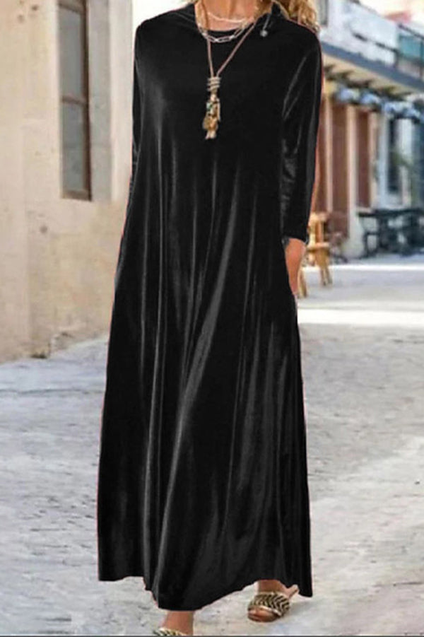 Solid Color Velvet Loose Round Neck Long Sleeve Midi Dress-consonak