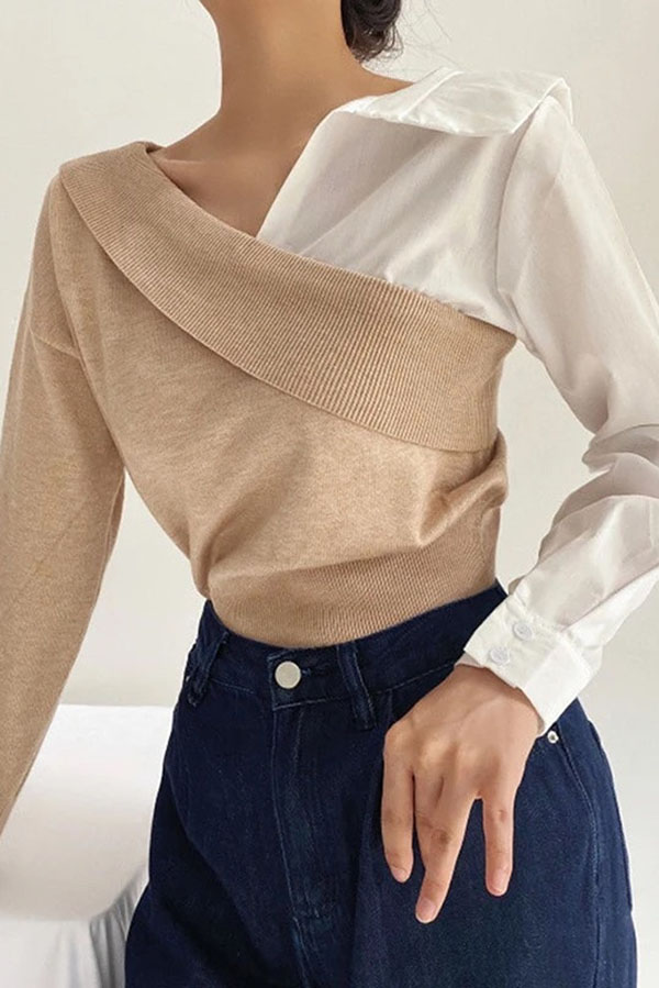 Stylish Patchwork Contrasting Long-sleeved V-neck Casual Sweater-consonak