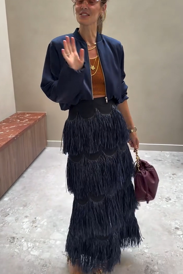 Freestyle Dance Steps Layered Tassels High Rise Back Zipper Slit Maxi Skirt-consonak