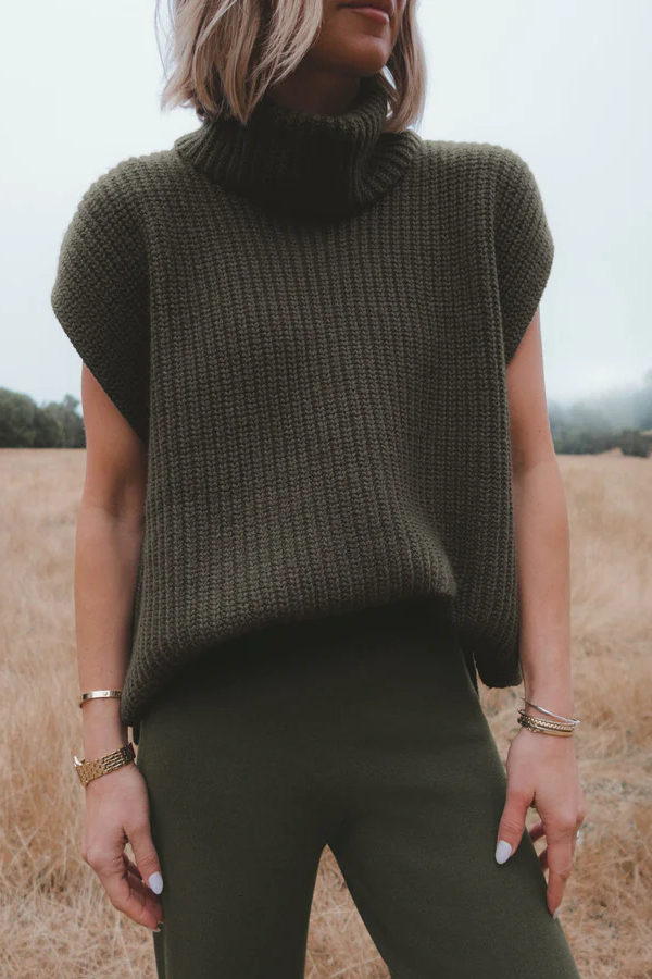Comfortable and Luxe Knit TurtleNeck Cap Sleeves Lightweight Sweater-consonak