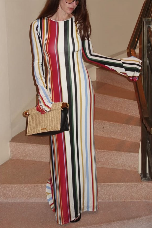 Vibrant Holiday Colorful Striped Print Extra Long Sleeve Fitted Flared Maxi Dress-consonak