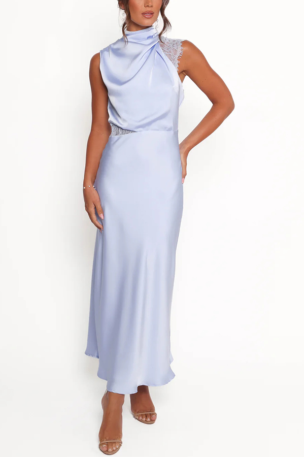 Touch of Allure Satin Drape High Neck Lace Detail Maxi Dress