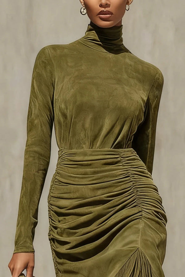 Stylish Suede High-neck Long-sleeved Pleated Tassel Midi Dress-consonak