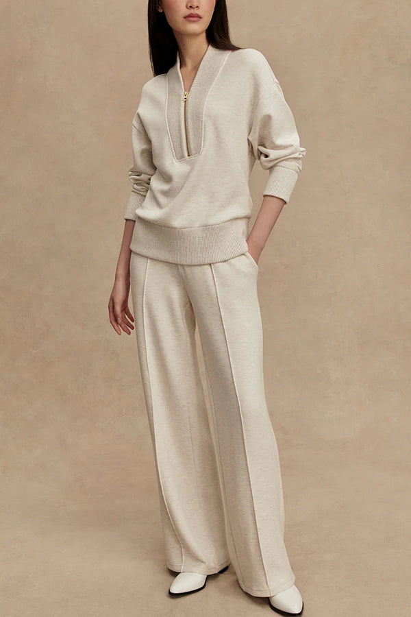 Meet The Autumn Ribbed Zipper Neck Sweatshirt and Elastic Waist Pocketed Loose Pants Set | Consonak
