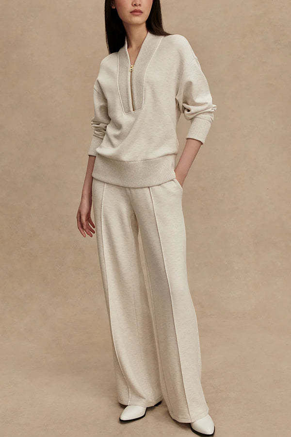 Meet The Autumn Ribbed Zipper Neck Sweatshirt and Elastic Waist Pocketed Loose Pants Set-consonak