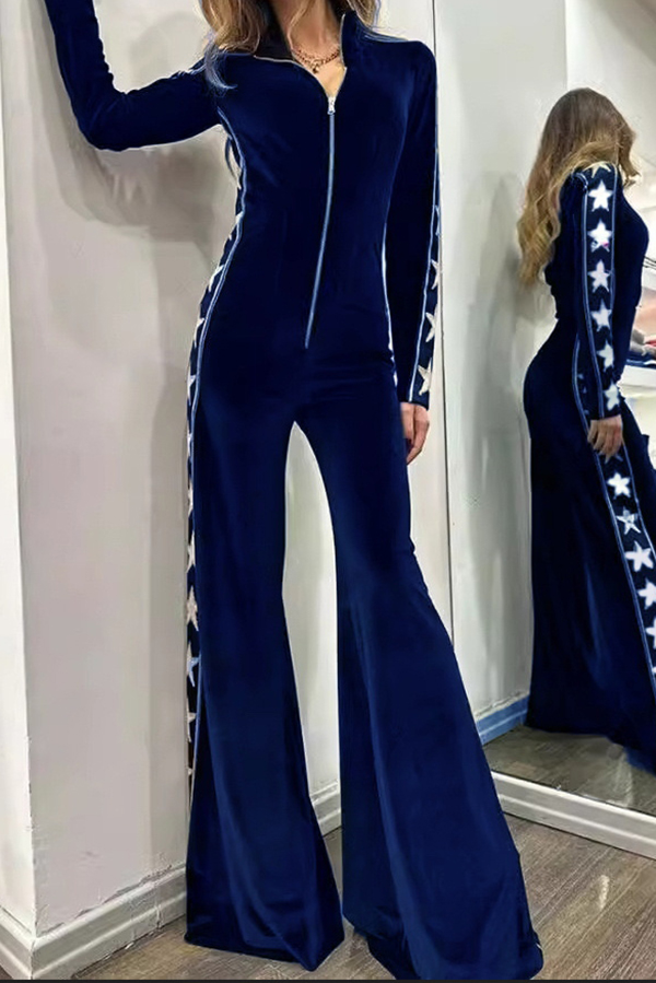 Star-print Velvet Patchwork Zipped Wide-leg Jumpsuit(ONE SIZE DOWN) | Consonak