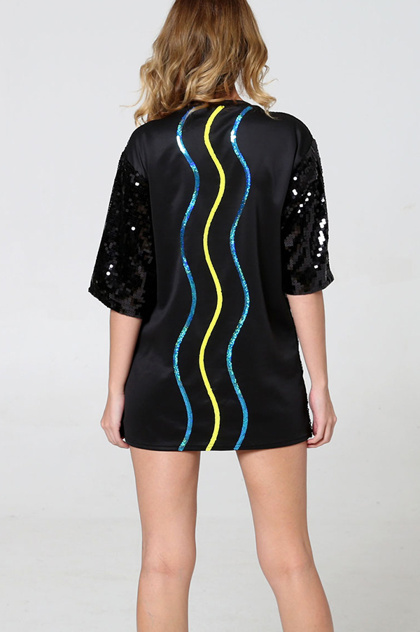 Love Eyes Letters Sequined Round Neck Short Sleeve Mid-Length Loose T-Shirt-consonak