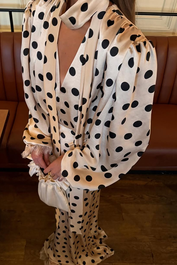 Chrissa Satin Polka Dot Print Lace Trim Tie-up Neck Balloon Sleeve Loose Blouse