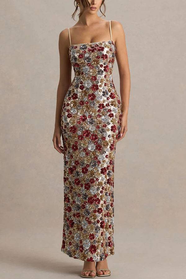 The Center of Attention Floral Print Sequin Square Neck Slip Stretch Maxi Dress-consonak