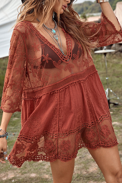 Lace V Neck Hollow Short Sleeved Cover Up-consonak