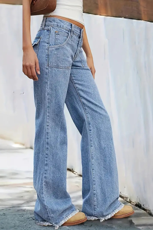Stylish Loose-fitting Pocket Casual Frayed Wide-leg Jeans