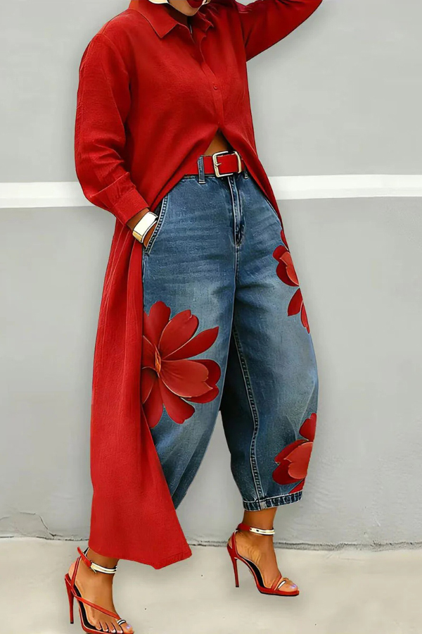 Fashionable Floral Print Loose-fitting Casual Pockets Wide-leg Jeans-consonak