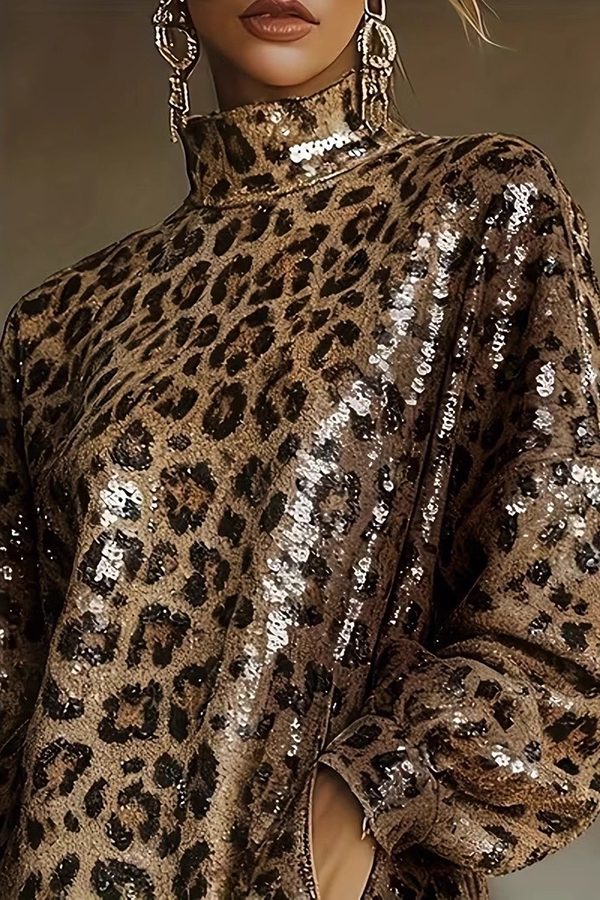 Stylish Leopard Print Sequined Turtleneck Long-sleeved Tassel Hem Loose Mini Dress-consonak