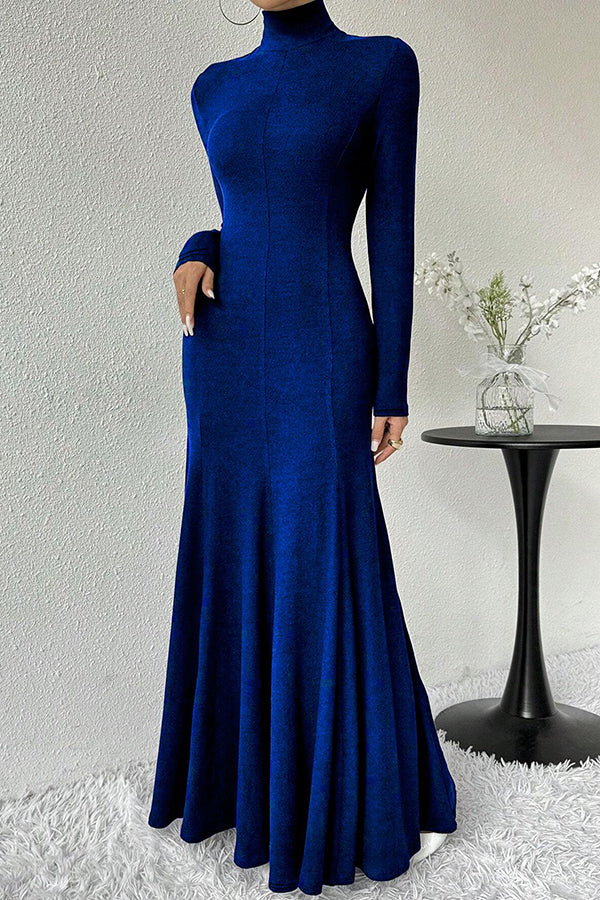 Solid Color High-neck Long-sleeved Slim-fit Fishtail Elegant Maxi Dress-consonak