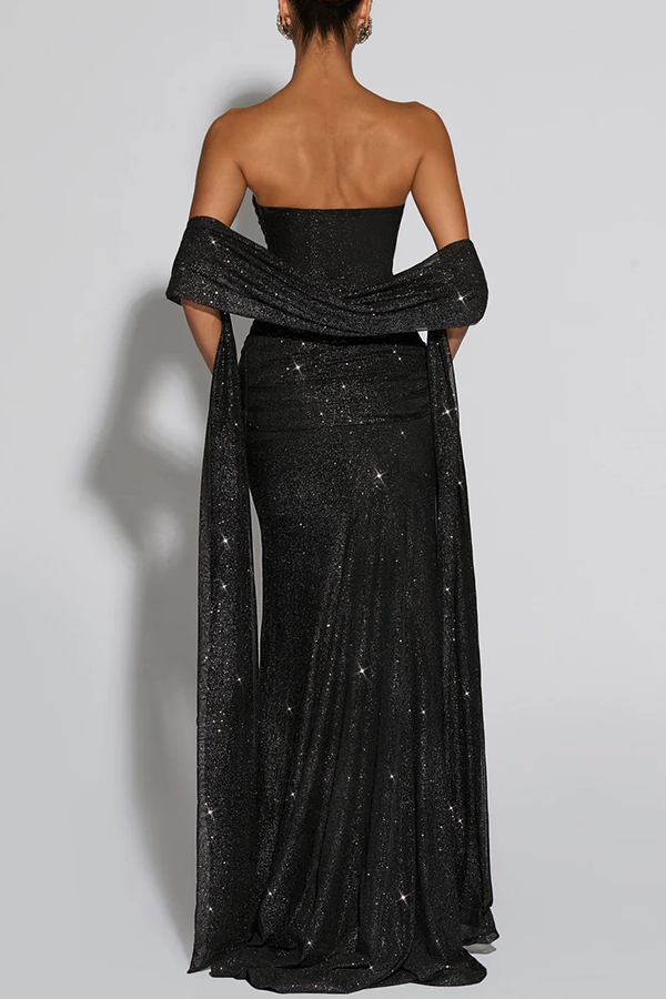 Paula Sequined Mesh and Jersey Off Shoulder Ruched Knot Drape Shawl Maxi Dress | Consonak