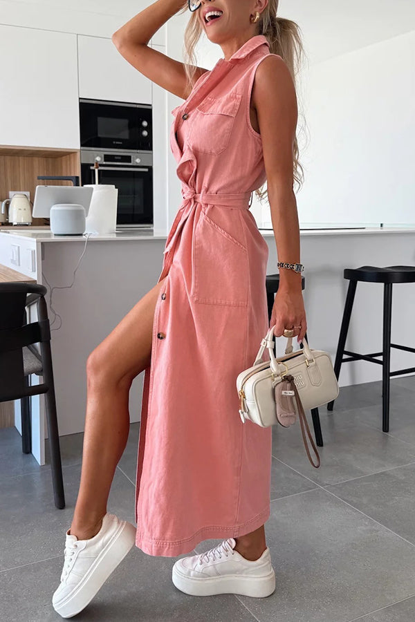 Solid Color Sleeveless Single Breasted Waist Tie Casual Pocket Denim Midi Dress | Consonak