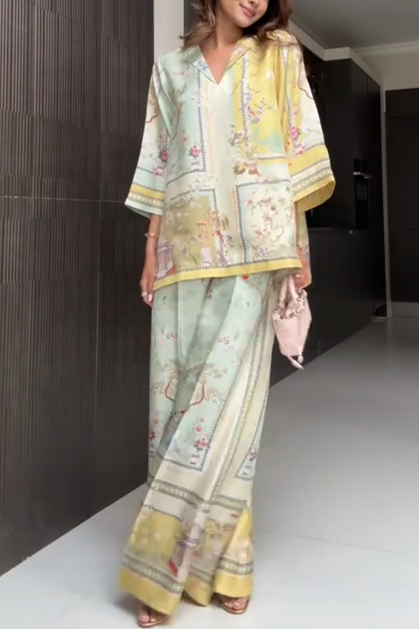 Elonie Satin Floral Print V-neck Half Sleeve Top and Elastic Waist Wide Leg Pants Set-consonak