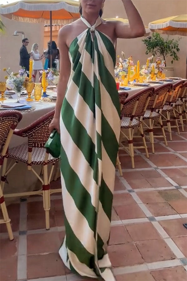 Most Dreamy Stripe Print Halter Tie-up Backless Pocket Loose Maxi Dress | Consonak