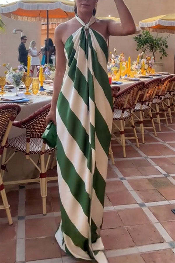Most Dreamy Stripe Print Halter Tie-up Backless Pocket Loose Maxi Dress-consonak
