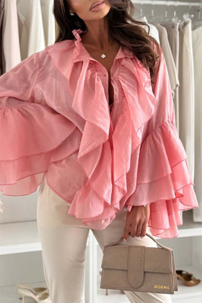 Breezy Touch Chiffon Layered Ruffles Long Bell Sleeve Button Up Loose Blouse-consonak