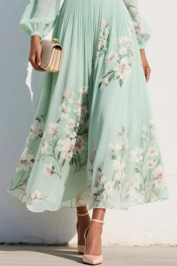 Floral Print V-neck Long-sleeved Fitted Waist Casual Maxi Dress