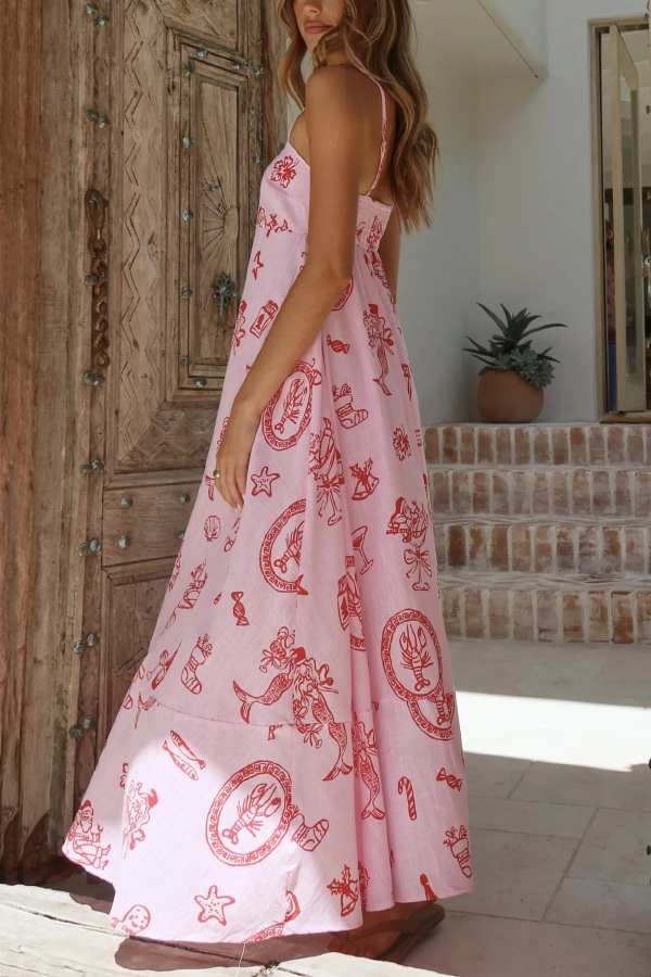 Unique Print Square Neck Sleeveless Casual Vacation Maxi Dress-consonak