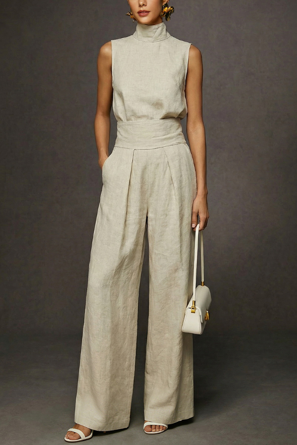 Linen Blend Solid Color Turtleneck Sleeveless Top and Casual High-waisted Elastic Waist Pocket Wide-leg Pants Set