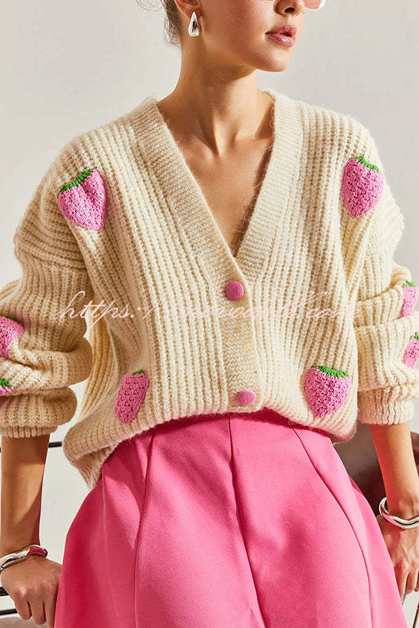 Stylish and Sweet V-neck Strawberry Embellished Knitted Cardigan-consonak