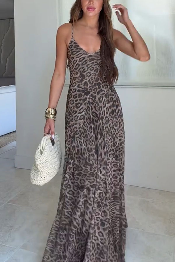 Jaycie Tulle Leopard Print V-neck Pleated A-line Hem Slip Maxi Dress | Consonak