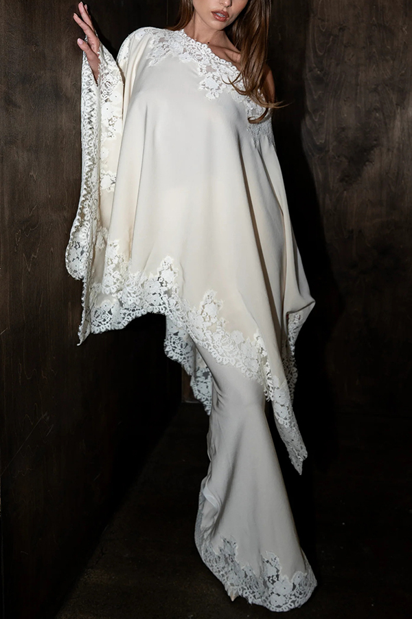Like A Swan Satin Lace Trim Off Shoulder Wide Sleeve Cape Top-consonak
