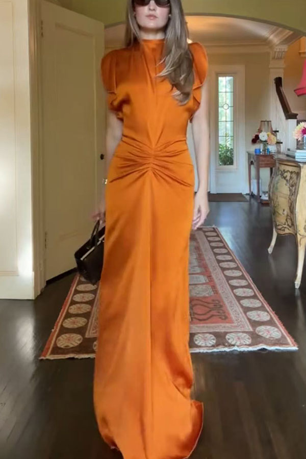 Isabella Satin Short Sleeve Ruched Waist V-shape Back Gown Maxi Dress-consonak
