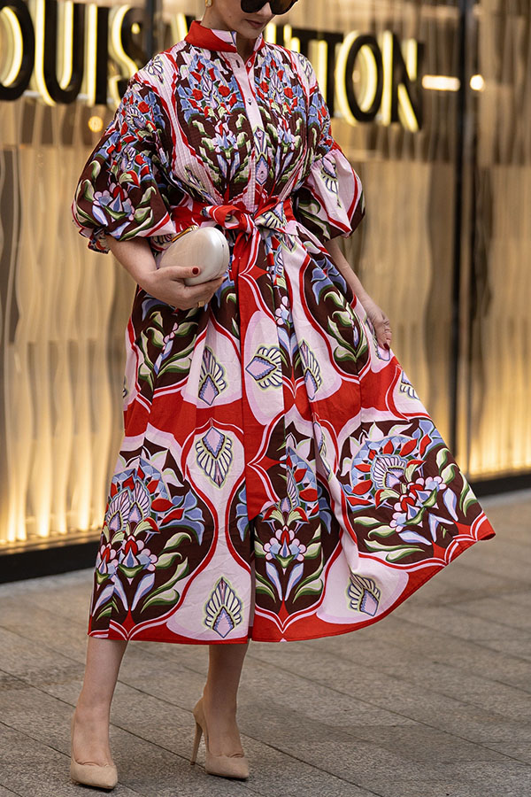 Khloe Bold Geometric Print Pleated Shoulder Puff Sleeve Belt Pocket Shirt Midi Dress-consonak