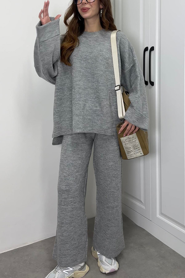 Solid Color Loose Long-sleeved Knit Top and Elastic Waist Casual Straight Leg Pants Set-consonak