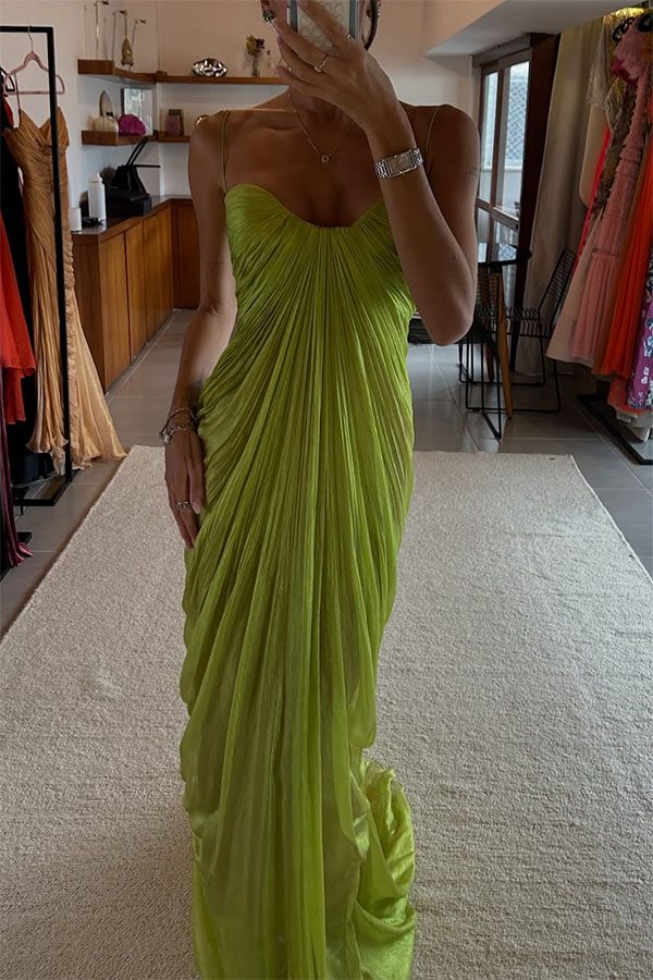 Victoria Shimmering and Flowing Pleated Fabric Back Lace-up Drape Maxi Dress-consonak