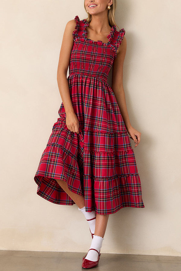 Plaid Print Ruffled Halter Pleated Sleeveless Casual Midi Dress-consonak