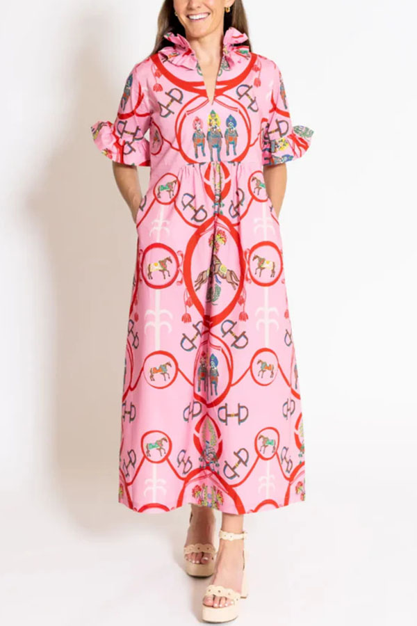 Churchill Social Playful Warhorse Print Stand Neck Ruffle Sleeve Belted Pocket Caftan Midi Dress-Consonak