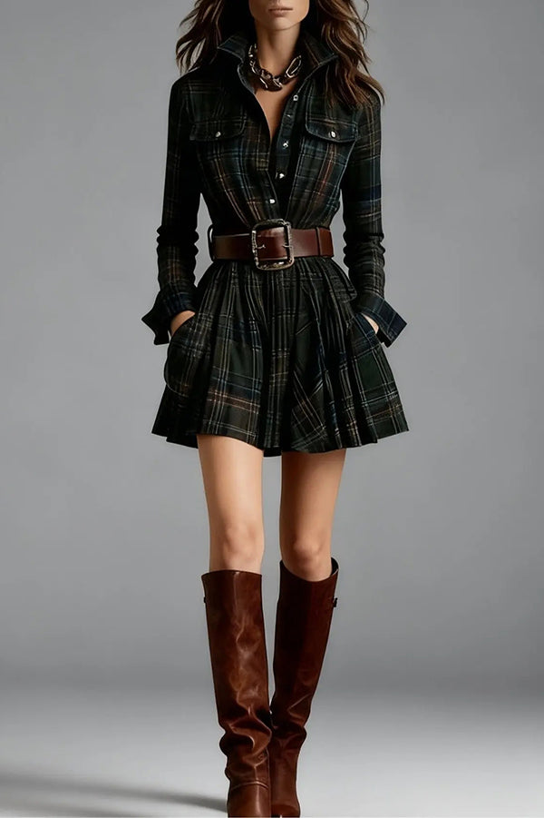 Plaid Print Lapel Long Sleeve Fitted Waist Pocket Casual Mini Dress | Consonak